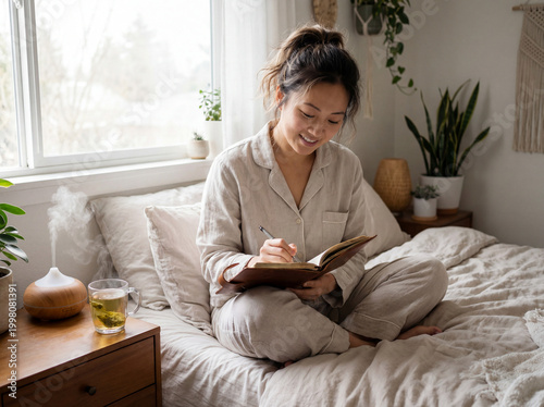 Person Journaling in Cozy Bedroom with Plants