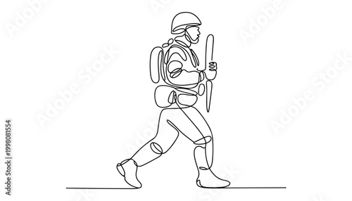 One continuous line illustration of an military soldier , isolated on white background.