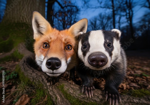Close up portrait of red fox and badger peering forward in dark evening forest at twilight