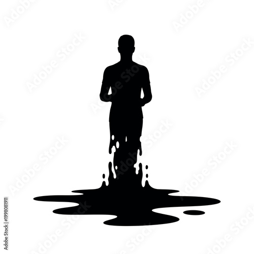 Silhouette of a person dissolving into a puddle of black liquid.