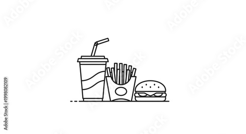 Title: Fast Food Combo Line Icon Vector – Burger, Fries and Soft Drink Minimal Outline Illustration