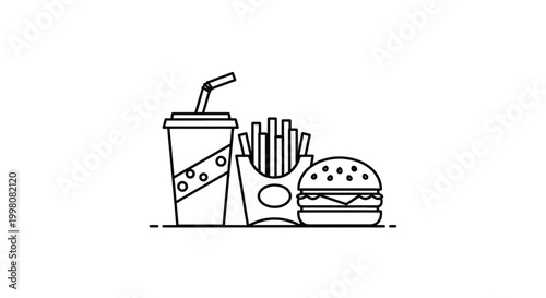 Title: Fast Food Combo Line Icon Vector – Burger, Fries and Soft Drink Minimal Outline Illustration