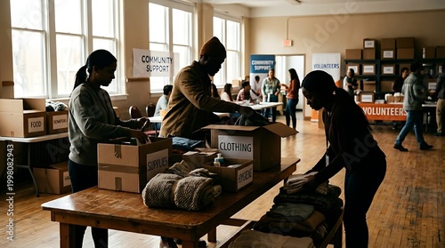 Volunteers Sorting Clothing and Supplies in Community Support Center
