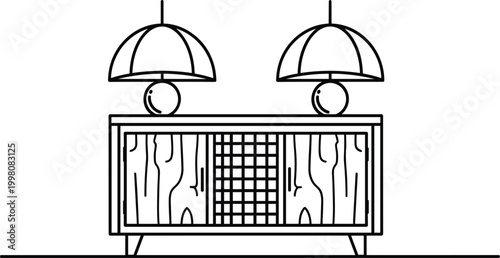 Sideboard cabinet illustration featuring modern wooden storage unit with decorative lamps interior furniture design minimal vector