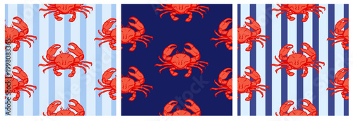 Vibrant Nautical Crab Pattern with Stripes in Blue and Red Theme