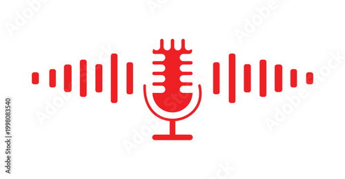 Microphone icon with sound waves, audio voice recognition, recording voice message sign, speech podcast mic symbol.
