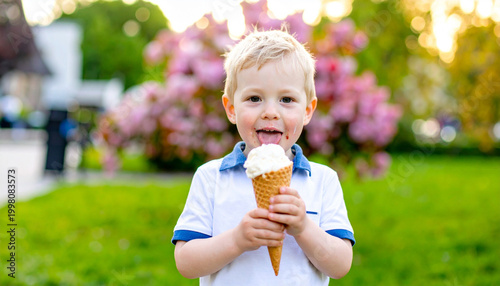 Excited young boy enjoying vanilla ice cream with messy face outdoors