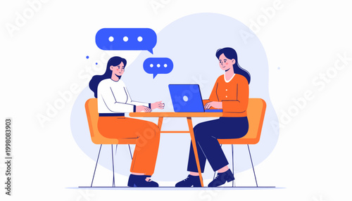 Two women having a conversation while working on a laptop at a table, illustration of communication and collaboration