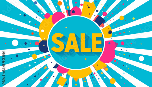 Colorful 'SALE' banner with a radial burst background, featuring abstract shapes and confetti, perfect for announcing discounts and promotions