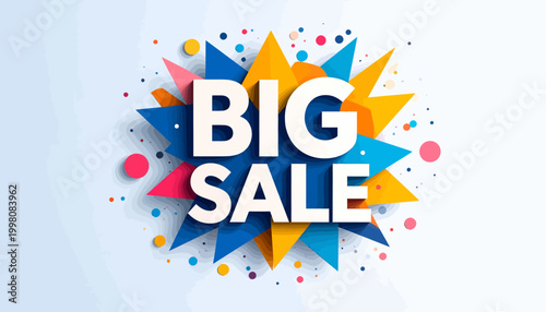 Vibrant and modern graphic illustration announcing a large sale, featuring bold typography on an abstract colorful starburst background for retail promotions and marketing