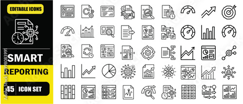 Smart Reporting AI System Icon Set – Business Analytics Tools, Automated Reports, Data Visualization, KPI Tracking, Performance Insights and Business Intelligence Dashboard Line Icons – Thin Line Edit