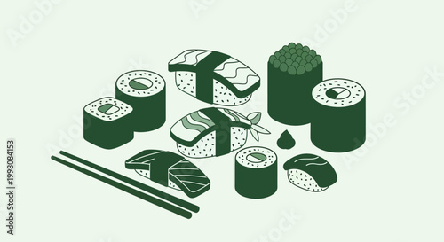 Flat 2D vector sushi illustration, minimalist style, simple sushi rolls and nigiri arranged neatly, solid single color, clean lines, geometric shapes, centered layout, no gradients