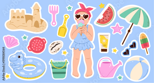 A collection of summer beach items and a cute girl eating ice cream, designed as stickers. For vacation scrapbooking, posters, and children's activity projects.