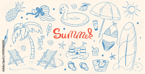 A collection of vintage-style summer and beach elements, including tropical vacation icons, travel accessories, and holiday leisure items isolated on a light background. Dolce vita style for seasonal 