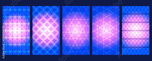 Abstract futuristic symmetrical neon circle geometric background set with blue and pink gradients