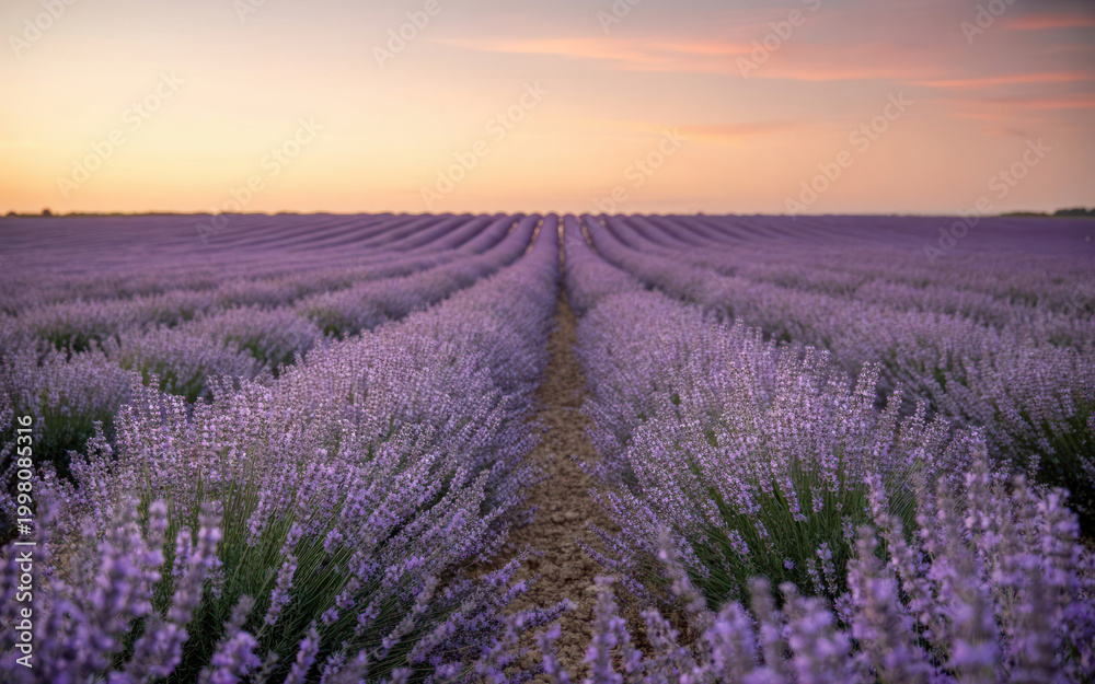 Obraz premium Blooming Lavender Field at Sunset with Purple Flowers in Rows, Landscape under Golden Hour Sky