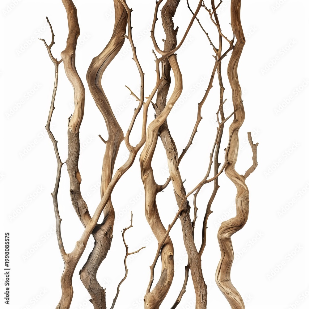 Fototapeta premium Group of twisted dry branches creating a natural and artistic pattern, isolated on white