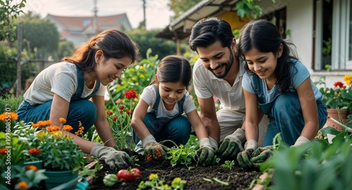 Family gardening together at home planting flowers and vegetables promoting eco friendly lifestyle and bonding