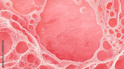 A close-up of pink liquid with numerous bubbles and foam an abstract, textured pattern, sweet rainbow pink background