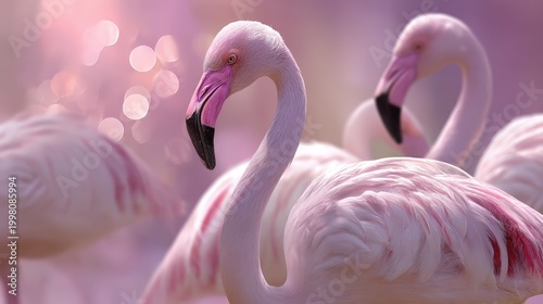 A group of elegant pink flamingos with soft lighting and bokeh highlights a serene and vibrant scene, sweet rainbow pink background