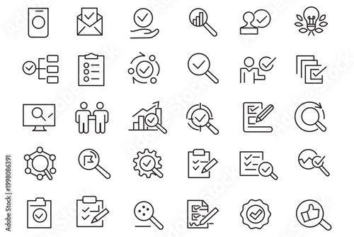 Inspection line icon set. Set of  outline icons related to inspection, examination, quality control, testing, check and others. Editable stroke. Vector illustration