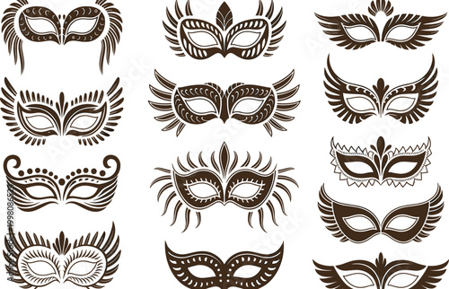Ornate masquerade mask silhouette set featuring decorative wing and floral patterns for carnival party celebration mystery events and festive decor