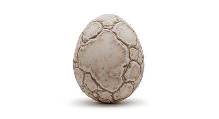 A single, textured, egg-shaped object with a cracked and scaly surface, resembling a fossilized egg, isolated on a clean white background.