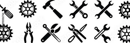 Professional automotive repair tool icons set, black vector silhouettes featuring wrenches, hammers, screwdrivers, gears and pliers on white background.