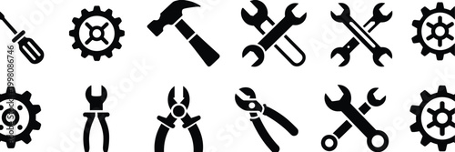 Professional automotive repair tool icons set, black vector silhouettes featuring wrenches, hammers, screwdrivers, gears and pliers on white background.