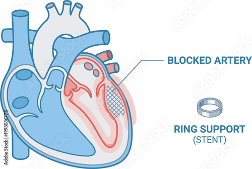 Blocked artery in heart with stent ring support illustration