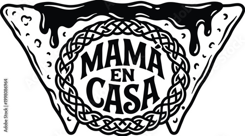 Vintage Mama en Casa logo vector, hand-drawn food illustration with dripping sauce, rustic bakery emblem for homemade cooking and family kitchen