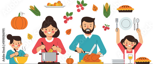 Thanksgiving family, holiday meal, food preparation, autumn tradition, vector illustration