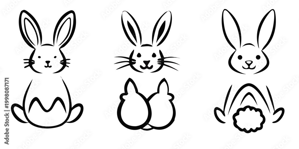 Obraz premium Minimal Line Art Rabbit Set – Cute Bunny Icons, Hopping Hare Silhouettes, Vector Illustration Collection