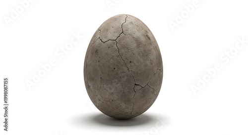 A single ancient cracked egg with a textured surface standing on a white background.