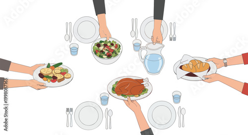 Food, hands serving dishes, meal, table setting, vector illustrations