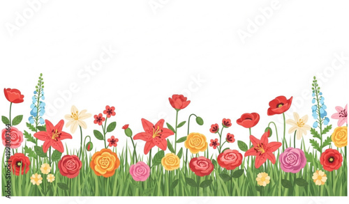 Spring flower border vector with roses lilies and poppies in grass flat floral garden horizontal decoration