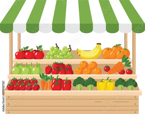Fresh produce market stand, colorful fruit and vegetable display, green striped awning, wooden crate