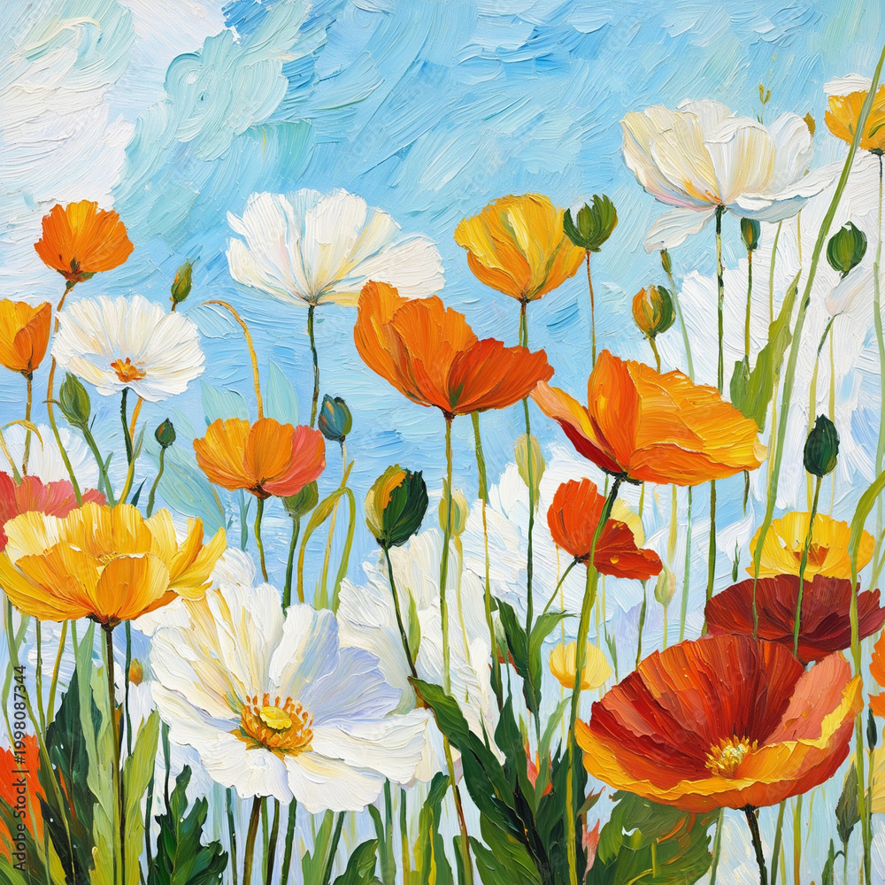 Fototapeta premium Colorful Poppy Field Embroidery Art