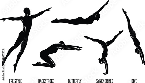 Professional swimming silhouette icon set featuring athletes performing freestyle backstroke butterfly synchronized movements and diving poses for sports competition graphic design.