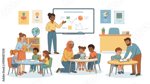 Inclusive Elementary School Classroom Scene with Diverse Students and Teachers Learning Together Vector Illustration