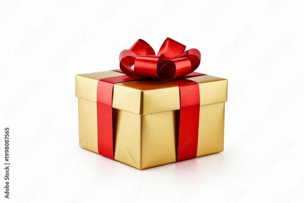 Obraz premium Gold gift box tied with a red ribbon bow, representing a special present
