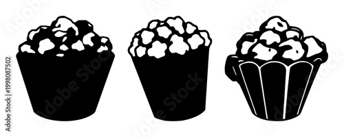 Popcorn set with black silhouettes on white background featuring snack, movie theater, buttery treat with white and popcorn kernels