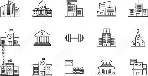 Public building line icon set featuring bank, police station, mall, hospital, gym, church, and school for urban city architecture projects,
