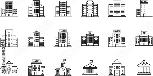 Real estate and public building line icon set featuring hotels, hospitals, banks, schools, and offices for urban city architecture projects,