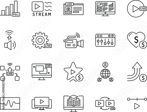 A collection of black and white icons representing online media and streaming services