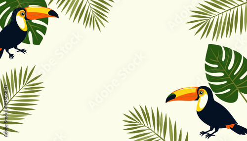 Colorful Toucans with Vibrant Beaks Surrounded by Tropical Leaves on Light Background Illustration