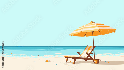 Serene Coastal Escape: Vibrant Beach Scene with a Sunlit Umbrella, Relaxing Deck Chair, and Tranquil Ocean Waves Under a Clear Blue Sky for Leisure and Tranquility