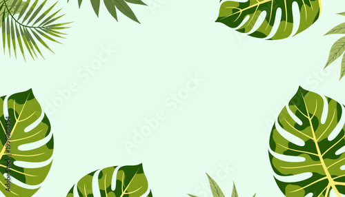 Vibrant Tropical Foliage Frame Featuring Green Monstera Leaves on a Soft Pastel Background with Lush Nature Elements for Design Inspiration