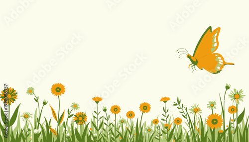 Vibrant Yellow Butterfly Fluttering Above Colorful Wildflowers in a Serene Natural Meadow Setting for Springtime Bliss