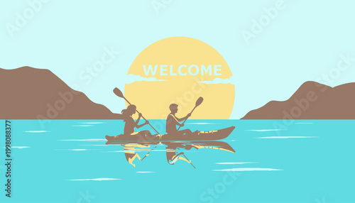 Couple Kayaking Across a Serene Lake at Sunset with Majestic Mountains and a Warm Welcome Message Illuminating the Tranquil Evening Sky